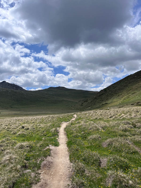 Felsiger Trailabschnitt im Gebirge Felsiger Trailabschnitt in alpiner Landschaft.